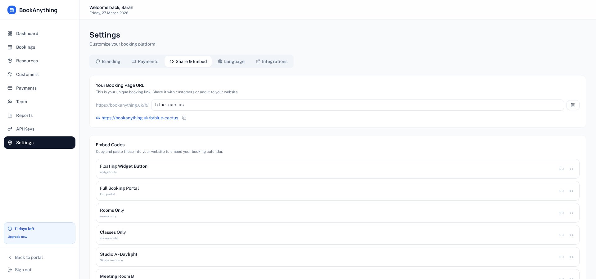 Admin settings showing embed codes and floating widget configuration