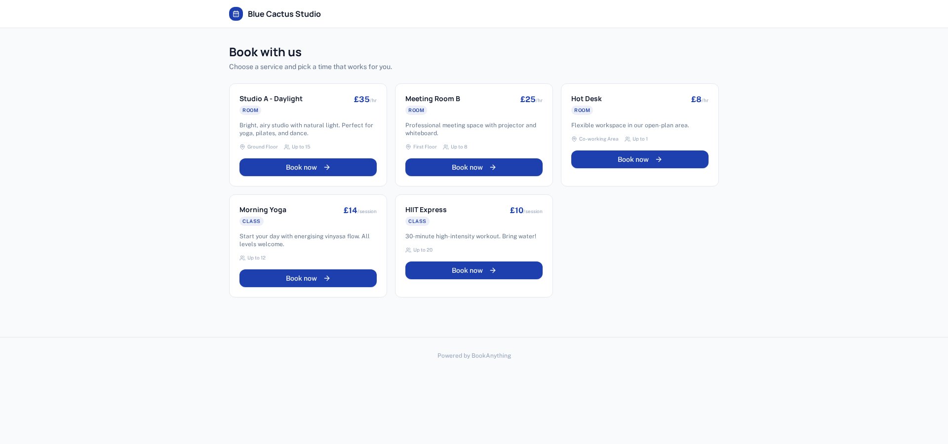 Branded booking portal showing service cards with pricing and Book Now buttons